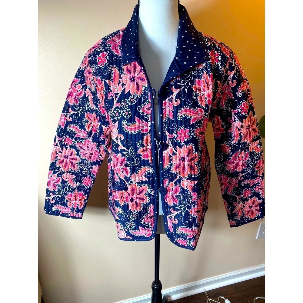 Boho Quilted Jacket Polka Dot Floral Pink Blue REVERSIBLE size Small NWT